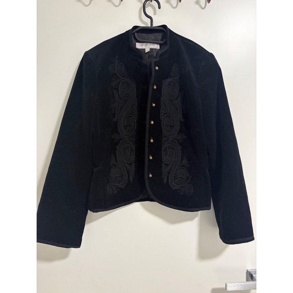 Contemporaine  Black Velvet Embroidered Military Jacket Gold Buttons Size 6